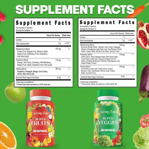 Miniatura 4 de Nature's Core Suplemento de frutas y verduras – 360 cápsulas – 100% súper frutas y verduras enteras, fabricado en Estados Unidos, sin soja, vegano