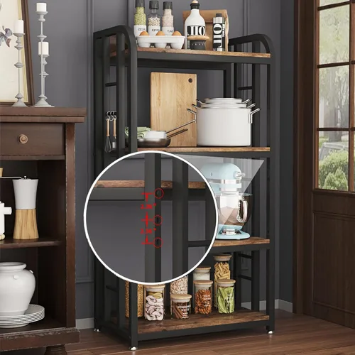 Miniatura 10 de Soporte para horno microondas con almacenamiento de 4 niveles, soporte independiente para horno microondas con barra de café, estantes ajustables