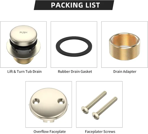 Miniatura 5 de Kit de drenaje de bañera de punta a punta de metal completo con placa frontal de desbordamiento de dos agujeros y conjunto de rosca universal Níquel