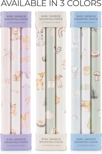 Miniatura 9 de ZICOTO Hermoso rollo de papel de regalo para baby shower, bonito juego de 3 rollos de calidad para cumpleaños y baby showers, añade un toque