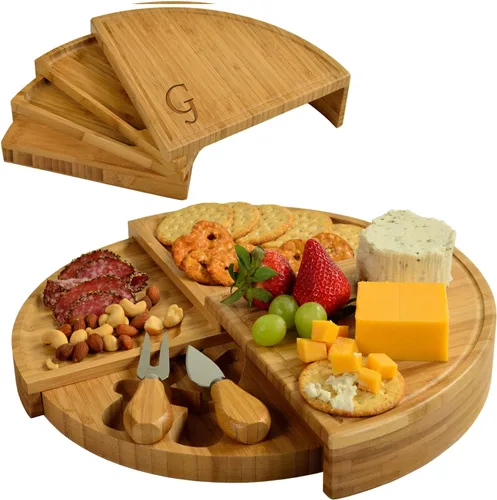 Miniatura 25 de Tabla Picnic at Ascot de bambú, para aperitivos, con herramientas para queso, espirales de una cuña compacta de 13 pulgadas de diámetro, patentado
