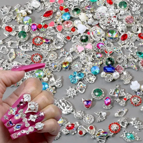 Miniatura 10 de 50 dijes de uñas dorados 3D para uñas acrílicas, estilos mixtos, diamantes de imitación para uñas, joyas de uñas de metal para arte de uñas