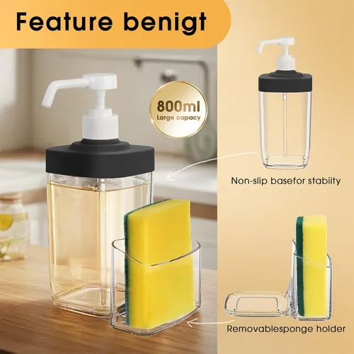Miniatura 4 de Dispensador de Jabón de Cocina con Soporte para Esponja, Organizador de Jabón para Platos de Gran Capacidad de 800ml, Organizador de Fregadero a