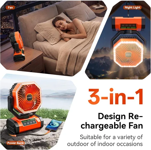 Miniatura 4 de Ventilador de campamento de 20000 mAh con luz LED, ventilador de escritorio oscilante automático con control remoto y gancho, ventilador de tienda