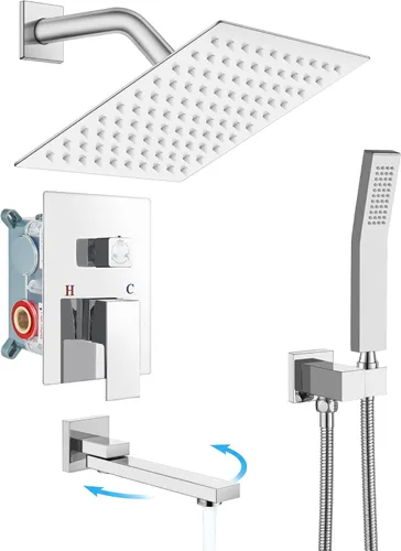 gotonovo Juego de grifo de ducha tipo lluvia para bañera, sistema de ducha de baño con boquilla de bañera, montaje en pared, accesorios de ducha