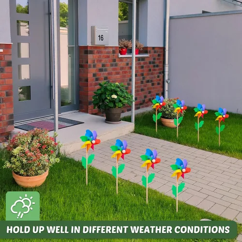 Miniatura 4 de 80 molinillos de flores arcoíris de 9.84 pulgadas, molinos de viento coloridos de plástico, molinillos de jardín, molinillos de viento de flores