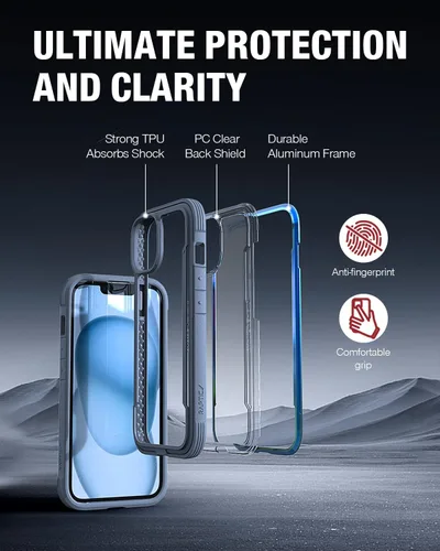 Miniatura 5 de RAPTIC Shield para iPhone 15, funda protectora transparente a prueba de golpes, grado militar, probada en caídas de 10 pies, marco de aluminio