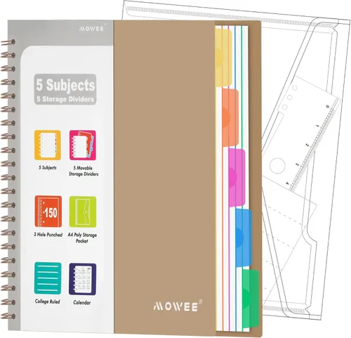 Miniatura 26 de Cuaderno de 5 materias – Cuaderno de espiral, cuaderno de rayas universitarias con bolsillo divisor, pestañas, regla de 11 pulgadas, 200 páginas