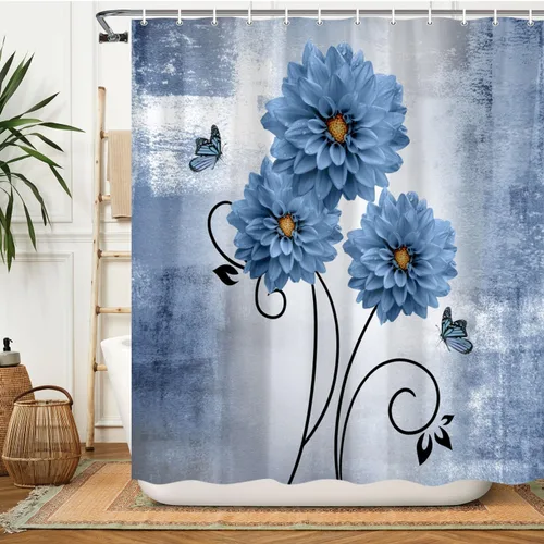Miniatura 4 de Cortina de ducha floral con flores de dalia azul y mariposas, cortinas de ducha para baño, juego de cortina de ducha rústica con ganchos, 69 x 70
