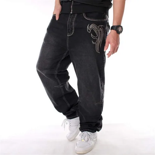 Miniatura 3 de LUOBANIU Pantalones de mezclilla holgados estilo hip hop vintage para hombre, pantalones de patineta de baile