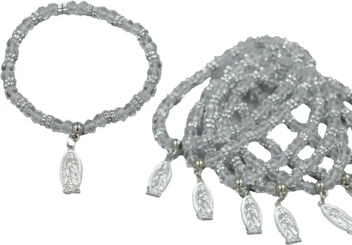 MTT Pulsera de Rosario de Guadalupe de cristal de plata con bolsas de organza, recuerdo de bautizo, recuerdo de bautizo, quinceañera, baby shower,
