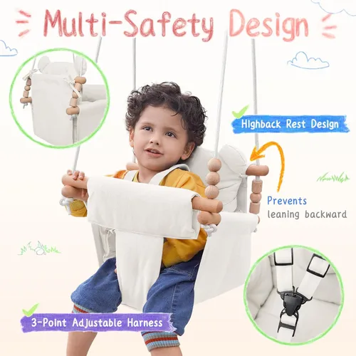 Miniatura 3 de Columpio para bebé para interiores y exteriores, asiento de columpio de lona y madera seguro para niños pequeños, arnés de seguridad ajustable de 3