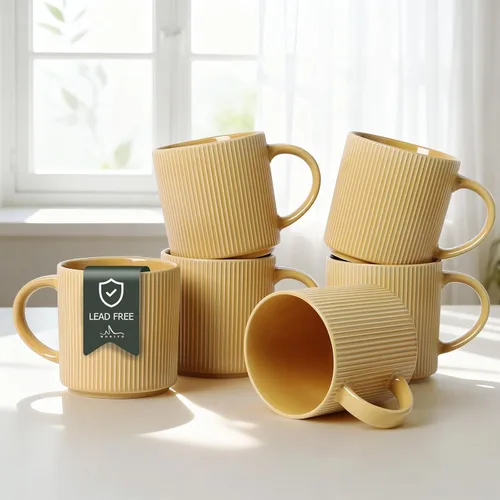 Miniatura 11 de MONITO Juego de 6 Tazas de Café de 16 Oz, Juego de Tazas de Café de Cerámica Rústica con Mango Grande, Vintage, Tazas de Café de Gres Rayadas