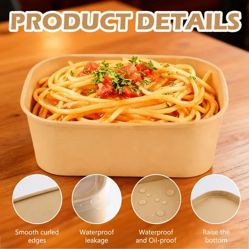 Miniatura 3 de Paquete de 50 cuencos de papel kraft desechables de 25 onzas con tapas, recipientes rectangulares de papel para alimentos, recipientes