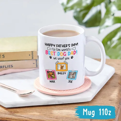 Miniatura 4 de Taza de café blanca personalizada con foto, con texto en inglés «To The World's Best Dog Dad We Woof You», taza de café blanca de 11 onzas y 15