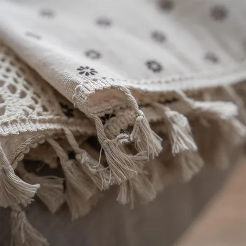 Miniatura 89 de Deeprove Cortinas bohemias para dormitorio, rayas huecas de ganchillo crema y estampado floral, tela de lino de algodón, con borlas beige bohemias