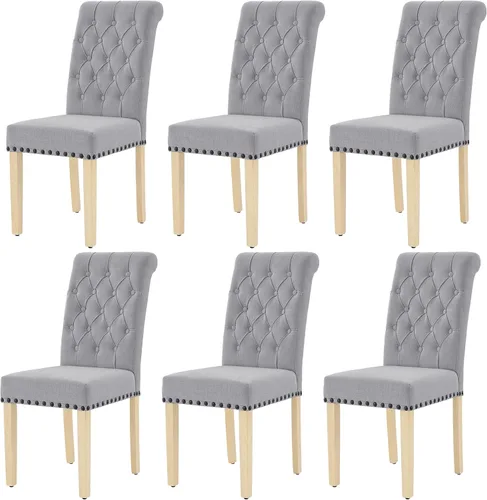 Miniatura 15 de LOULENS Juego de 2 sillas de comedor de tela, modernas sillas Parson tapizadas de lino con ribete de cabezas de clavos, botones acolchados, patas