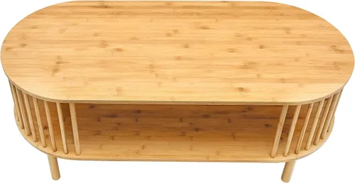 Miniatura 5 de VaeFae Mesa auxiliar ovalada, mesa de centro de bambú para sala de estar, mesa central de granja de 2 niveles con estante de almacenamiento