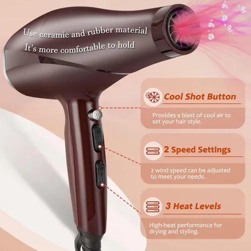 Miniatura 5 de Secador de pelo de 2000 W, con difusor concentrador de peine para mujeres y hombres, secador de pelo silencioso iónico negativo con potente motor