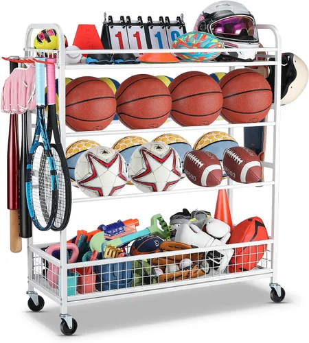 Miniatura 10 de EXTCCT Organizador de equipo deportivo de garaje, contenedor de almacenamiento de bolas rodantes con ruedas, estante de equipo deportivo de garaje