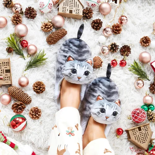 Miniatura 7 de Divertidas pantuflas de gato mullidas para mujer, zapatos de casa esponjosos, bonitas pantuflas de animales para interiores y exteriores, suaves
