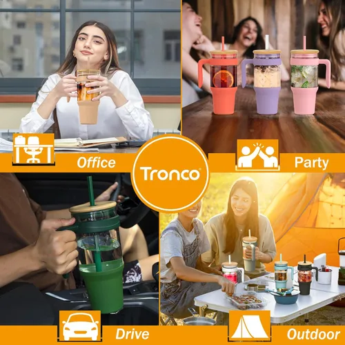 Miniatura 5 de Tronco Vaso de vidrio de 40 onzas con popote y tapa, taza de café helado reutilizable con asa, botellas de agua de vidrio para batidos, se adapta a