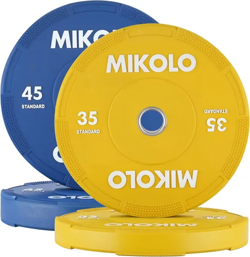 Miniatura 10 de Mikolo Juego de placas olímpicas para parachoques, 100% de goma de baja densidad y rebote con inserciones de acero, placas de barra silenciosas