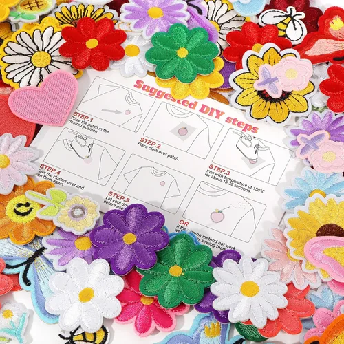 Miniatura 2 de NICEVINYL Parches aleatorios para planchar en la ropa: 120 unidades con diseños de flores y corazones, parches con mariposas lindas bordadas