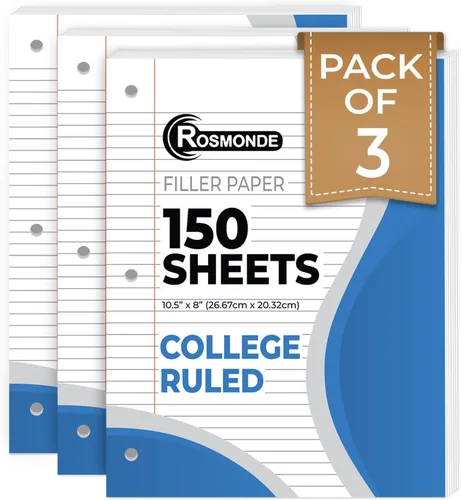 Rosmonde Papel de hojas sueltas, 450 hojas, paquete de 3, papel rayado universitario, 8 x 10.5 pulgadas, papel de relleno de oficina a granel, 3