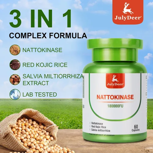 Miniatura 3 de JulyDeer Nattokinase 6,000 FU por porción de enzima, botella entera de 180,000 FU, con arroz kójico rojo, extracto de Salvia Miltiorrhiza - 120
