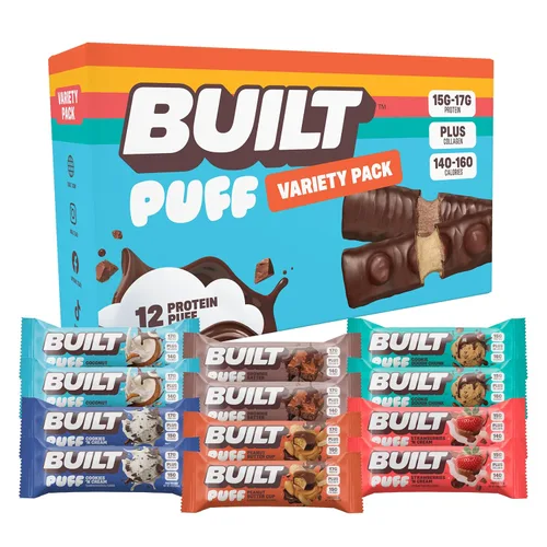 Miniatura 25 de Built Puffs - Barras de proteínas de 12 unidades, barras energéticas altas en proteínas, colágeno, sin gluten, cubiertas de chocolate, bajas