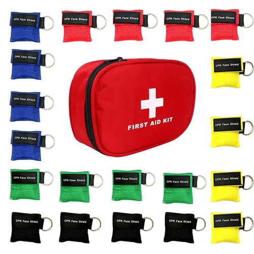 20 piezas RCP máscara de protección facial + bolsa vacía de primeros auxilios, llavero máscara desechable de emergencia, protector facial RCP