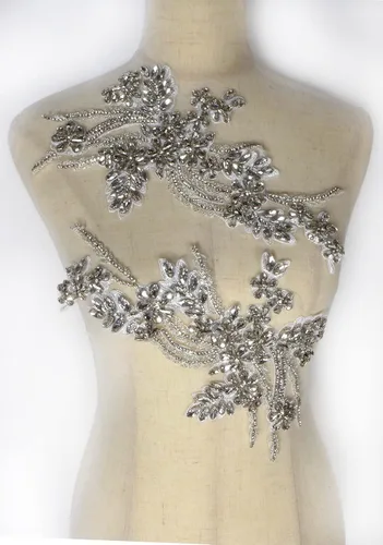 Miniatura 3 de Apliques de cuentas de diamantes de imitación, adornos plateados para coser para vestidos de graduación, vestido de novia, tela, decoración