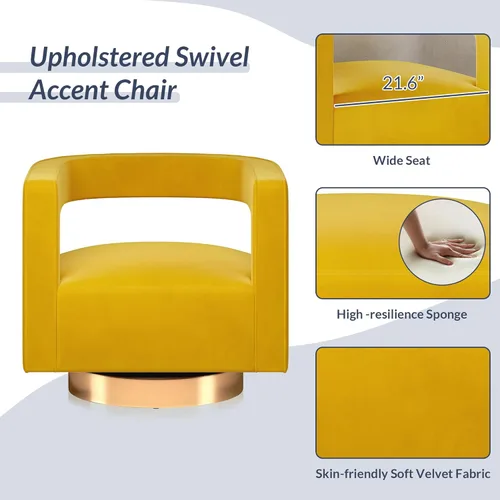 Miniatura 5 de BELLEZE Silla de Acento Giratoria Tipo Barril, Silla Redonda Moderna Tapizada con Brazos Cómoda de Terciopelo con Respaldo Curvado con Base Dorada