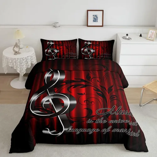 Miniatura 15 de Juego de ropa de cama con música de piano, tamaño matrimonial, juego de edredón de notas musicales en blanco y negro, 3 piezas, silueta de Multi 10