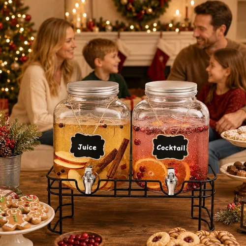 Miniatura 9 de Dispensadores de bebidas de vidrio de 1 galón para fiestas, juego de 2, dispensador de bebidas con infusor y soporte de frutas, dispensador de jugo