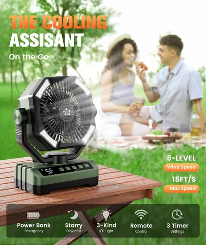 Miniatura 2 de Ventilador de campamento con pilas, recargable con luz de estrellas, 20000 mAh, funciona con pilas, ventiladores de escritorio de 5 velocidades