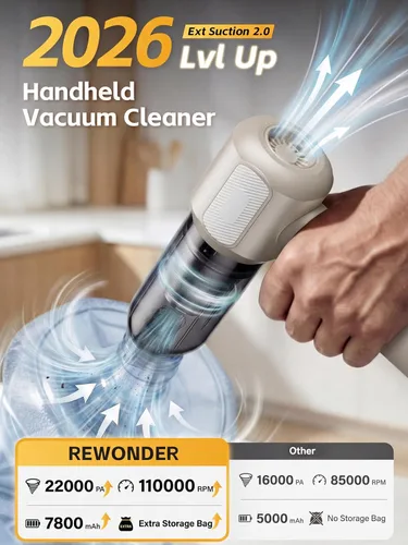 Miniatura 2 de REWONDER Aspiradora de coche de alta potencia, aspiradora de 22000 Pa y plumero de aire de 110000 RPM, aspiradora de mano con batería de 7800 mAh