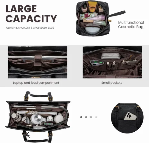 Miniatura 3 de LOVEVOOK Bolsa para laptop para mujer, de piel vintage, de 15.6 pulgadas, bolsa de computadora de gran capacidad con bolso de mano para el trabajo