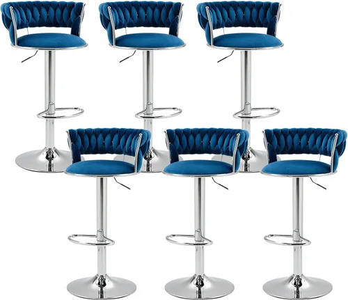 Miniatura 9 de Juego de 2 taburetes de bar giratorios de terciopelo, modernos taburetes de bar ajustables con respaldo tejido, taburete de bar de altura