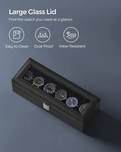Miniatura 4 de SONGMICS Caja de reloj, caja de reloj de 6 ranuras con tapa de vidrio grande, almohadas extraíbles para reloj, organizador de caja de reloj, regalo