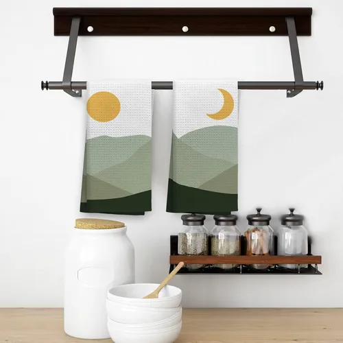 Miniatura 5 de OHSUL Juego de 2 paños de cocina abstractos bohemios con diseño de sol y luna, verde salvia, montaña verde salvia, altamente absorbentes, toallas