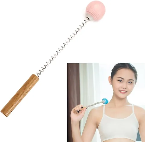Miniatura 9 de Paquete de 1 martillo masajeador de pelota de golf con mango de madera de resorte, masaje de mano para aliviar el dolor, cuello y espalda, Gris