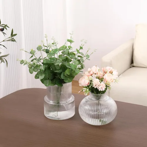 Miniatura 7 de Jarrones de vidrio acanalado, juego de 2 jarrones estriados para flores, jarrón de vidrio transparente para tulipanes, jarrón moderno para sala