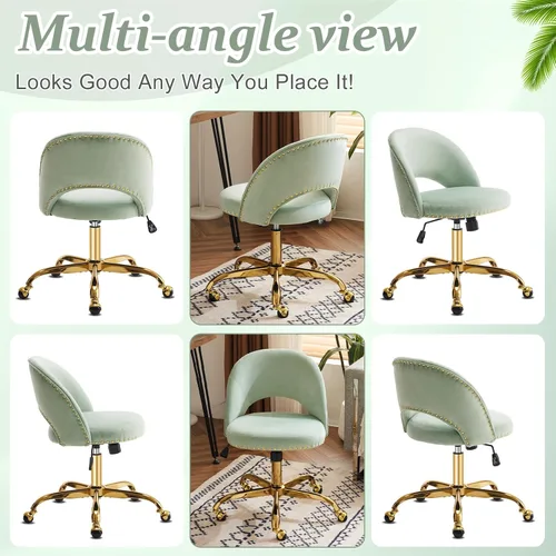 Miniatura 8 de VINGLI Silla de Oficina Pequeña de Terciopelo Moderno, Linda Silla de Escritorio con Ruedas, Base/Tachuelas Doradas, Cómoda Silla Giratoria sin