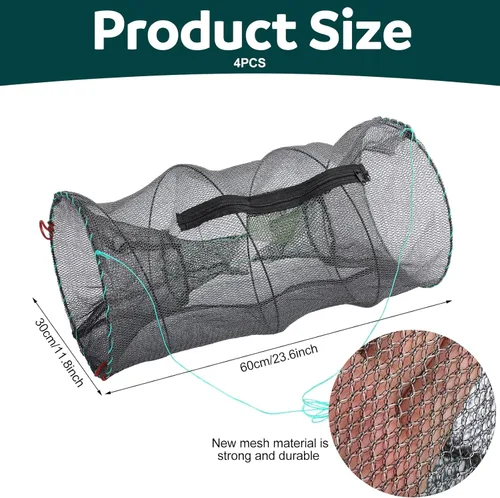 Miniatura 2 de Paquete de 4 trampas plegables resistentes para cangrejos de 11.81 x 11.81 x 23.62 pulgadas, trampa plegable para cebo de pesca para camarones