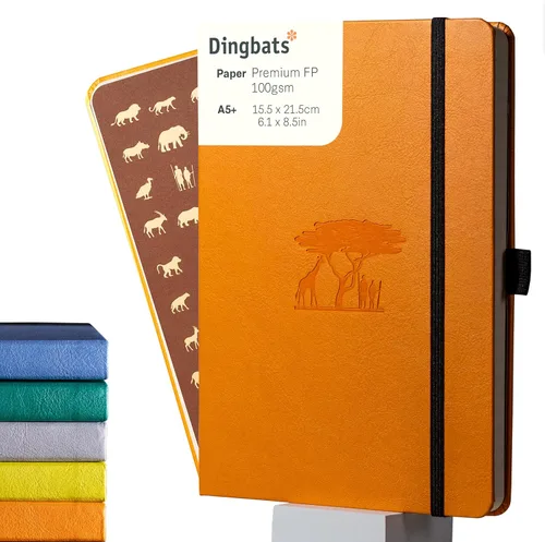 Dingbats* Cuaderno de escritura con puntos de la Tierra A5 - Tapa dura de cuero vegano - Ideal para el trabajo, viajes - Incluye bolsillo, cierre