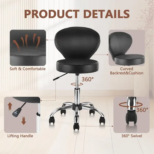 Miniatura 4 de KLASIKA Taburete giratorio ajustable con respaldo y ruedas, silla de escritorio de oficina multiusos, cojín de asiento grueso para el hogar, bar