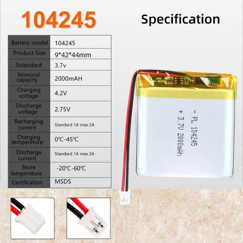 Miniatura 3 de 3.7V 104245 2000mAh Paquete de Baterías de Polímero de Iones de Litio Recargables Lipo con Conector PH2.0mm JST