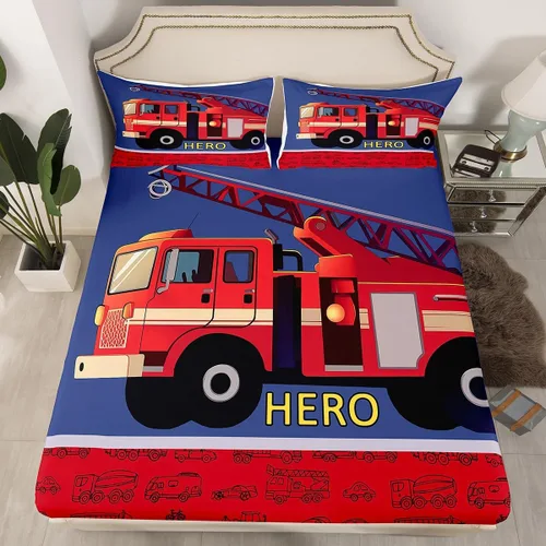 Miniatura 11 de Erosebridal Sábanas bajeras de camión de bomberos para niños, sábana bajera de panal de abejas de color rojo, tamaño individual, sábanas